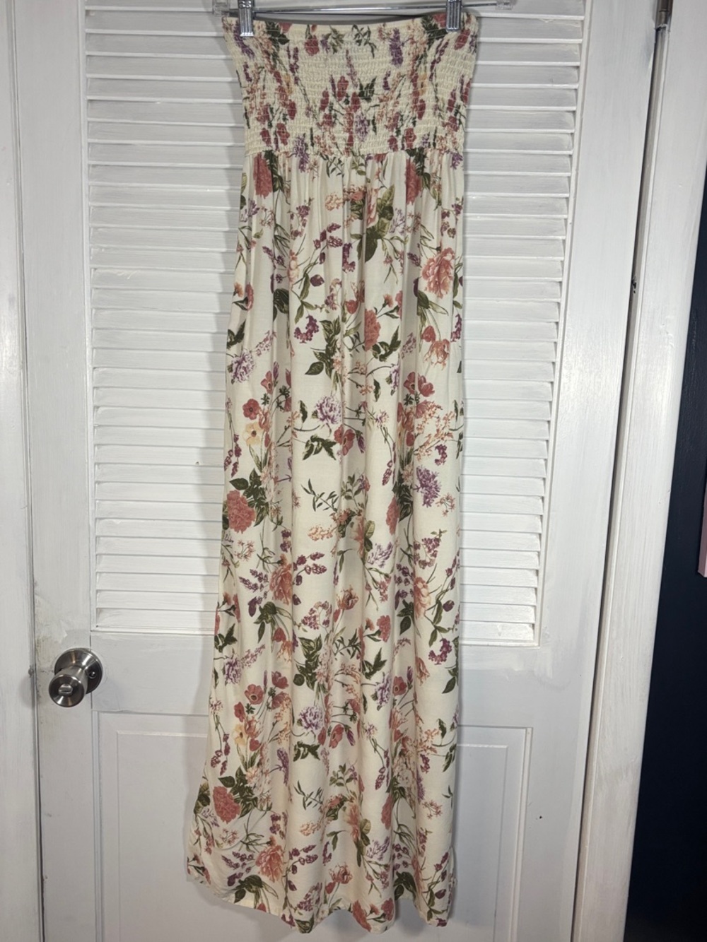 Forever 21 Cream Floral Smocked Maxi dress with Pink & Green Blooms
